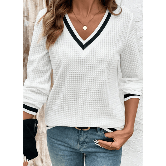 Ivana White Textured Knit Preppy Striped Trim V Neck Pullover Waffle Top