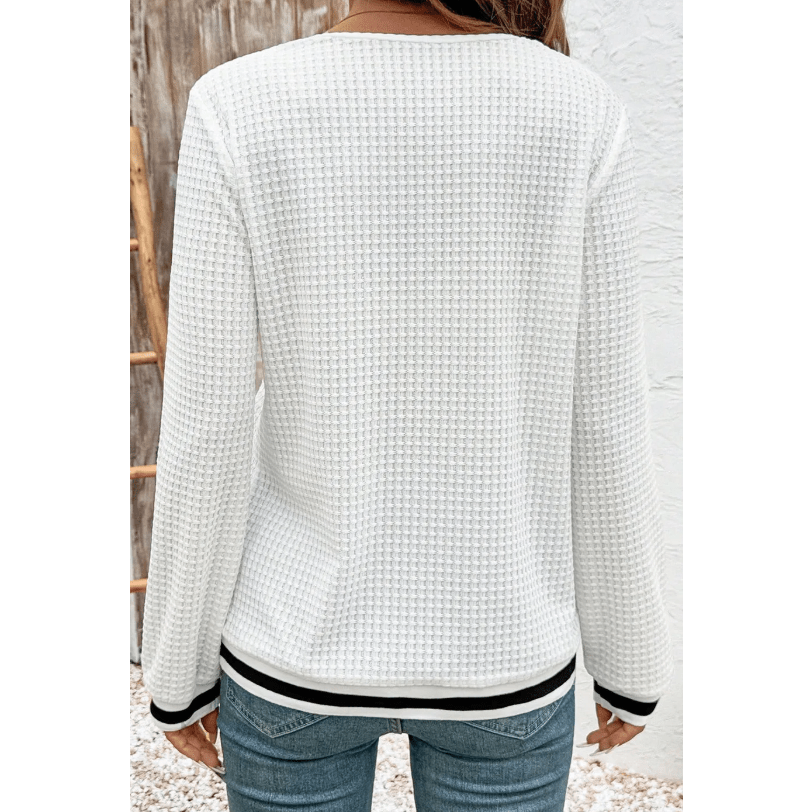 Ivana White Textured Knit Preppy Striped Trim V Neck Pullover Waffle Top