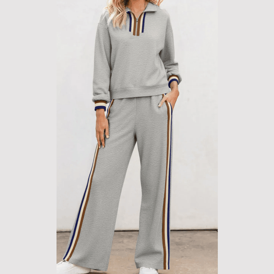 Julianna Grey Striped Patchwork Quarter Zip Pullover Loose Pant Set