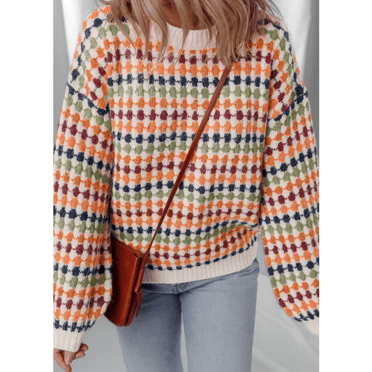 Kloe Multicolor Dotty Striped Pattern Knit Drop Shoulder Sweater