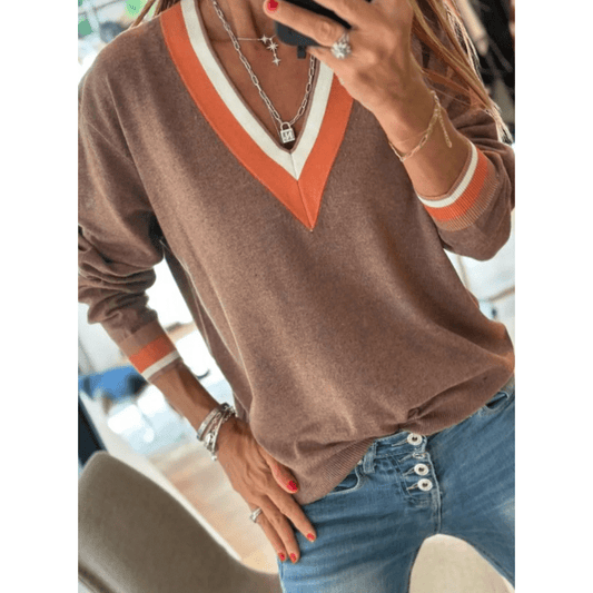 Magdelene Dark Khaki Contrast Striped Trim V Neck Varsity Sweater