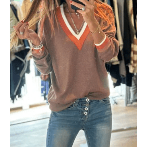 Magdelene Dark Khaki Contrast Striped Trim V Neck Varsity Sweater