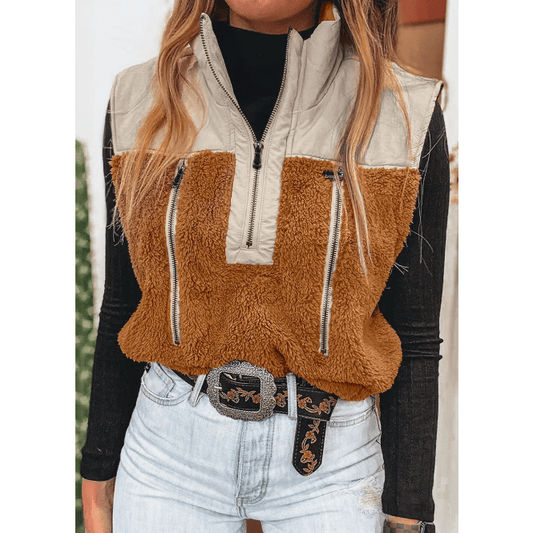 Raylan Chestnut Color Block Plush Patchwork Zipper Stand Neck Vest