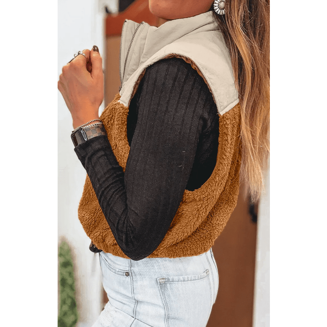 Raylan Chestnut Color Block Plush Patchwork Zipper Stand Neck Vest