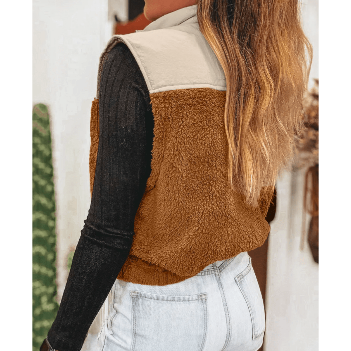 Raylan Chestnut Color Block Plush Patchwork Zipper Stand Neck Vest