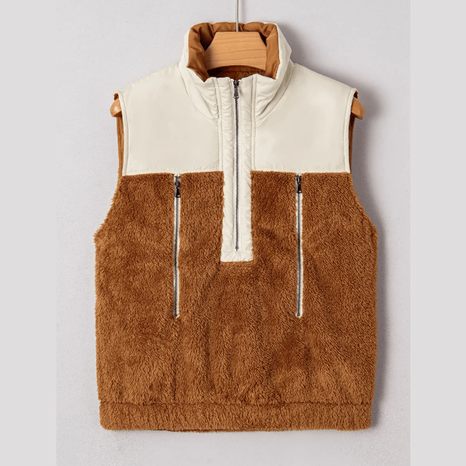 Raylan Chestnut Color Block Plush Patchwork Zipper Stand Neck Vest
