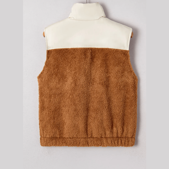 Raylan Chestnut Color Block Plush Patchwork Zipper Stand Neck Vest