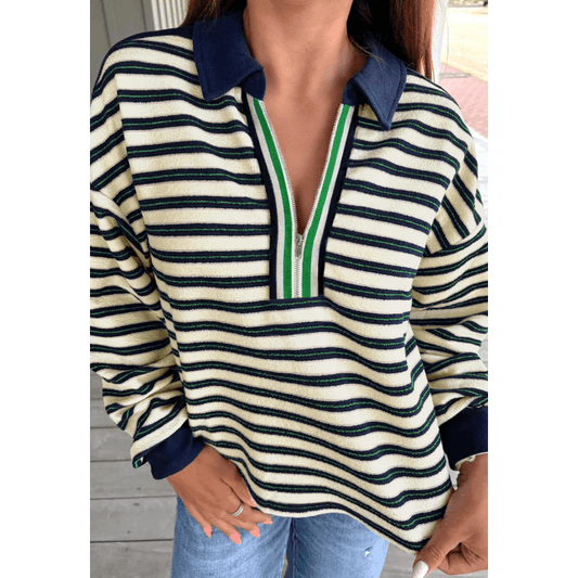 Sofia Navy Blue Striped Print Contrast Collar Zip V Neck Long Sleeve Top