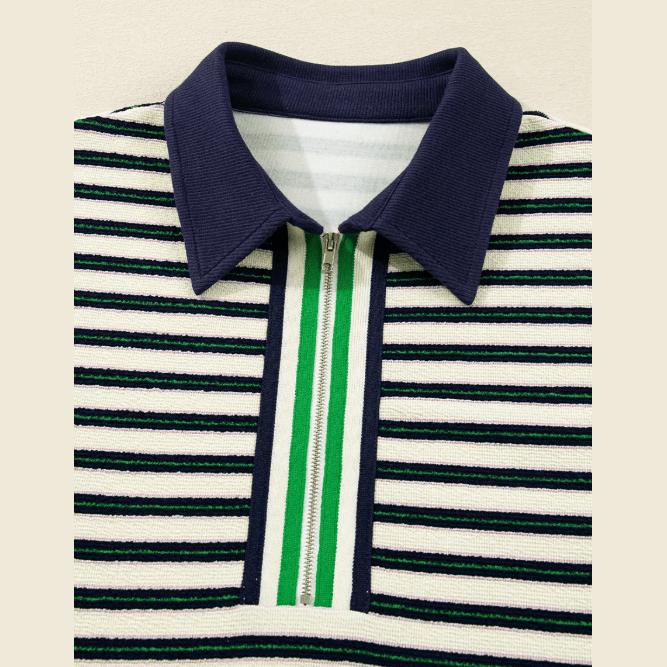 Sofia Navy Blue Striped Print Contrast Collar Zip V Neck Long Sleeve Top