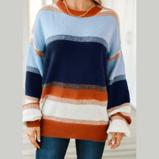 Quincey Dark Blue Color Block Round Neck Tunic Sweater