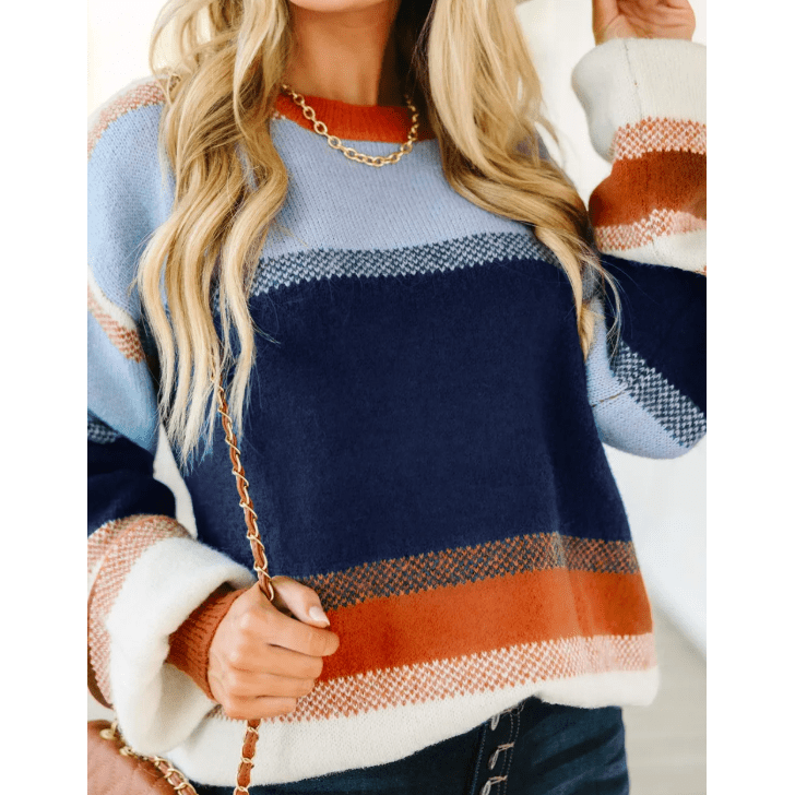 Quincey Dark Blue Color Block Round Neck Tunic Sweater