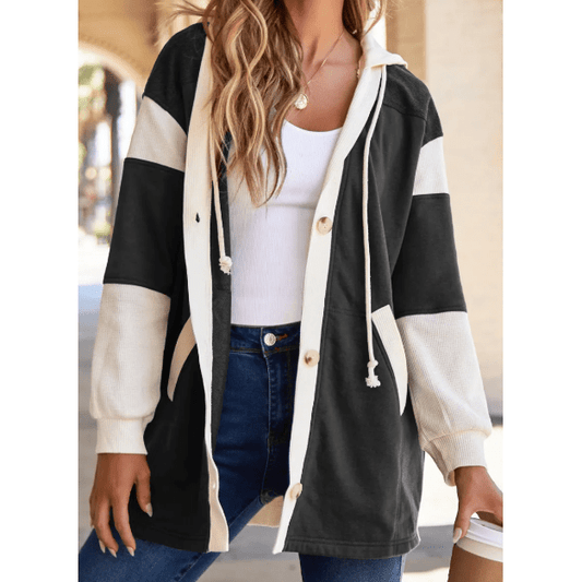 Bonnel Black Waffle Contrast Knit Color Block Patchwork Button Front Oversize Hoodie