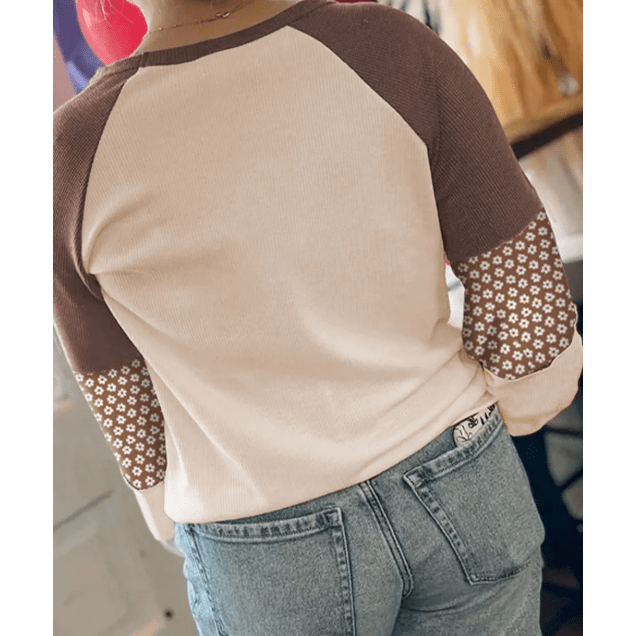 Holly Brown Floral Print Patchwork Color Block Long Sleeve Top