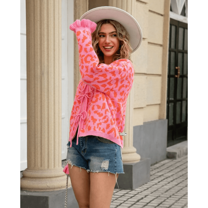 Madonna Bow Front Ruffled Cuff Leopard Cardigan - 3 Colors