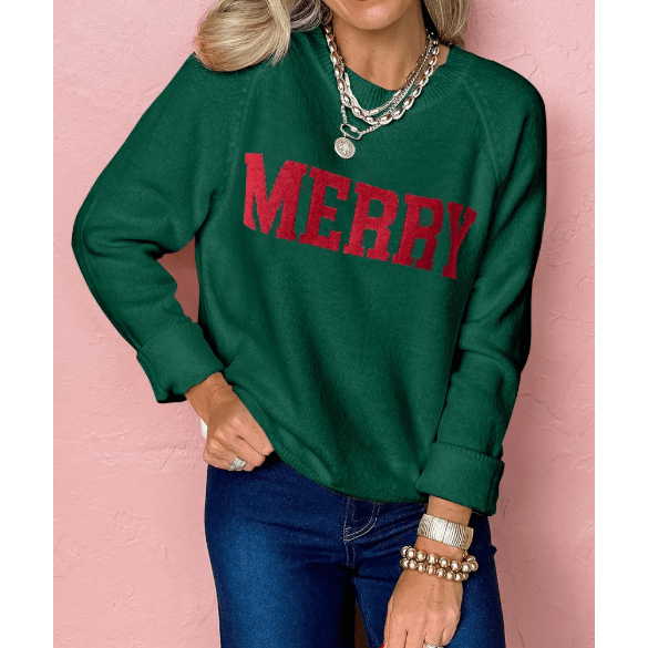 Green MERRY Letter Pattern Christmas Raglan Sleeve Sweater