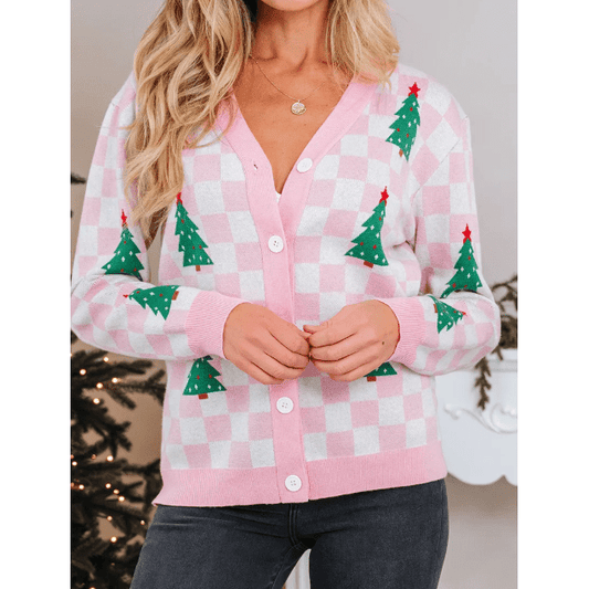 Pink Checkered Christmas Tree Pattern Button V Neck Cardigan Sweater