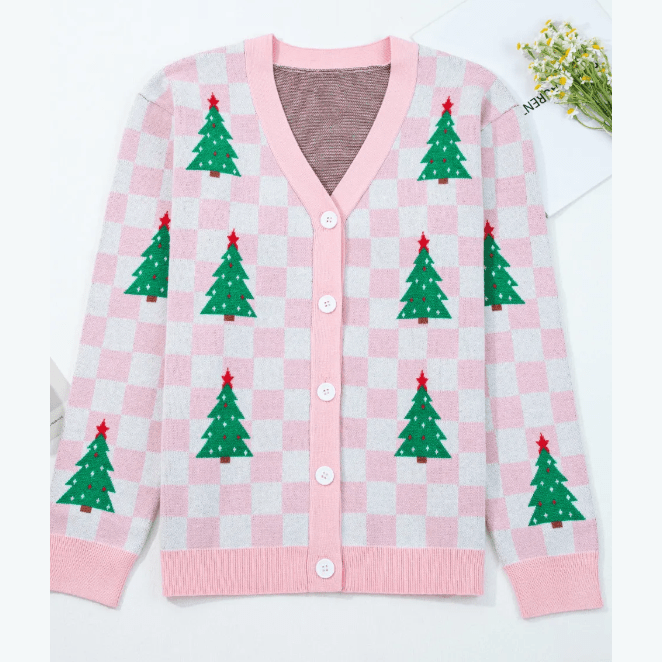 Pink Checkered Christmas Tree Pattern Button V Neck Cardigan Sweater