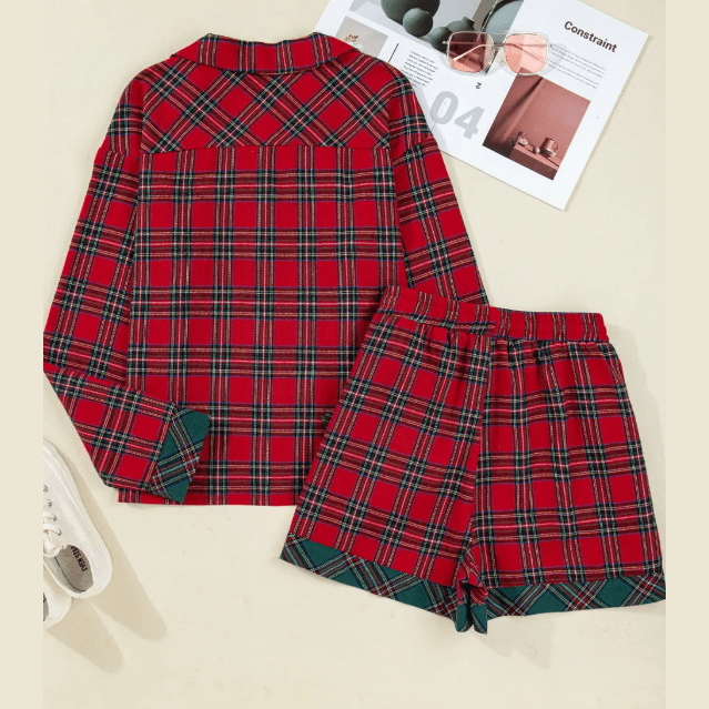 Red Plaid Contrast Patched Christmas Holiday Long Sleeve Shirt and Short 2pcs Pajama Set