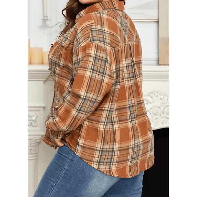 Marsalla Brown Plaid Print Flap Pocket Buttoned Plus Size Shacket