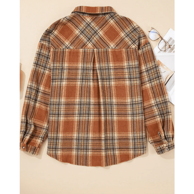 Marsalla Brown Plaid Print Flap Pocket Buttoned Plus Size Shacket