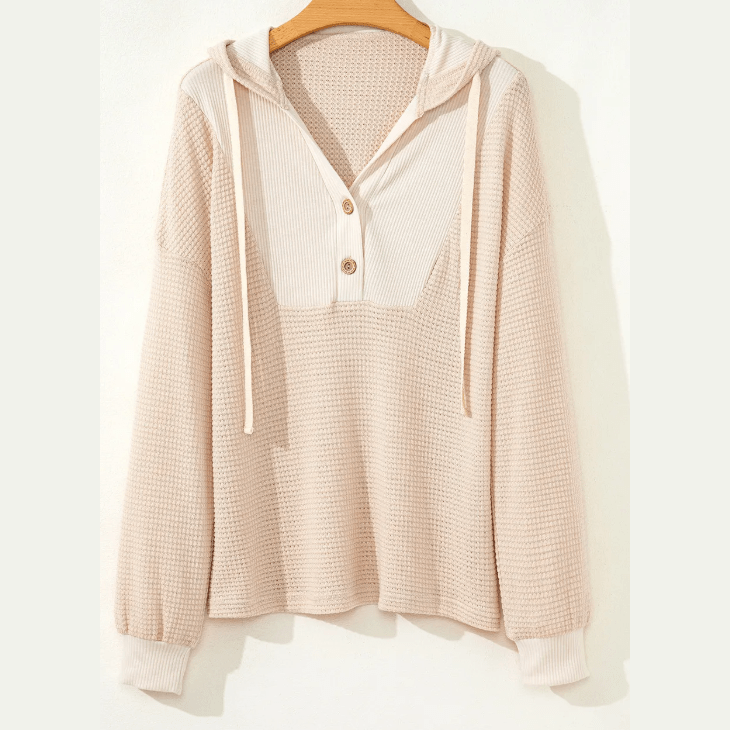 Ashby Oatmeal Waffle Patchwork Drop Shoulder Hooded Long Sleeve Top