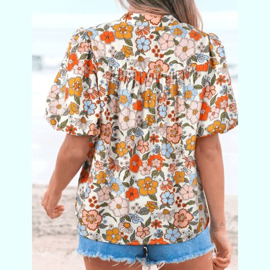 SALE!!! Jasey Multicolour Crochet V Neckline Puff Sleeve Boho Flower Blouse