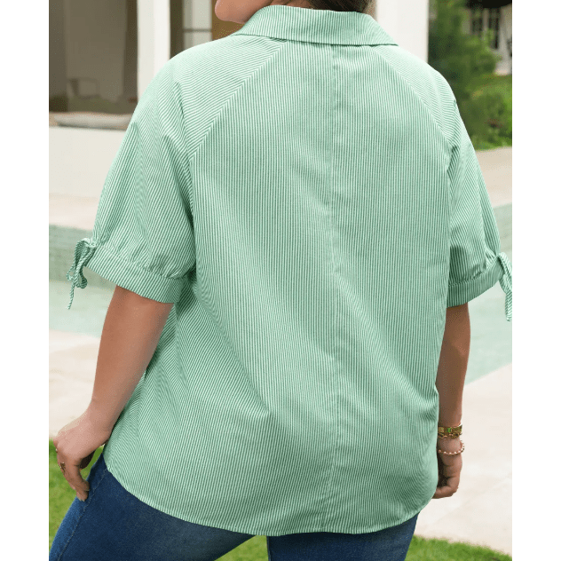Tamera Mint Green Plus Size Striped Print Collar V Neck Short Sleeve Blouse