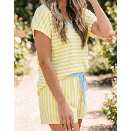 Aspen Yellow Stripe Colorblock Trim V Neck Tee Drawstring Elastic Waist Short Set