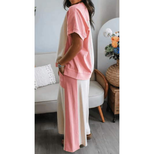 Laurabell White Two-tone Color Block Patchwork Tee Drawstring Loose Pant Set