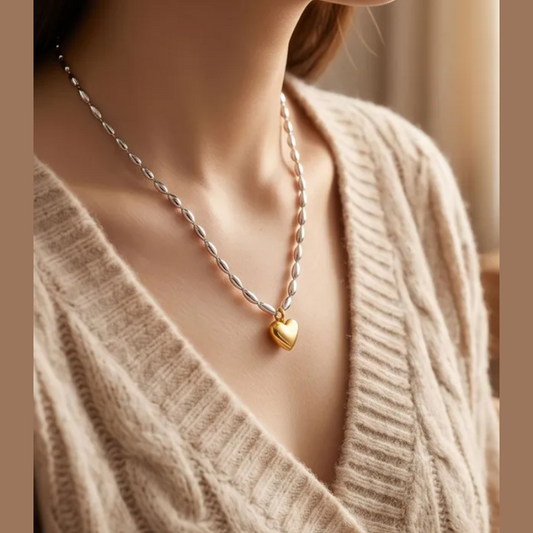Oval Bead Necklace Featuring Heart Accent