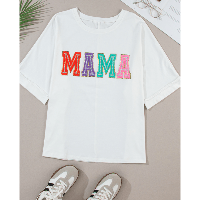 REDUCED!!! Mama White MAMA Chenille Patched Crew Neck T Shirt REDUCED!!!