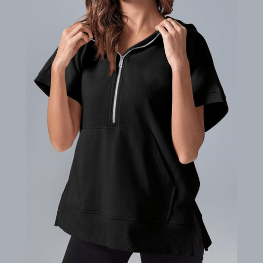 Minita Black Half Zipper Kangaroo Pocket Short Sleeve Hoodie