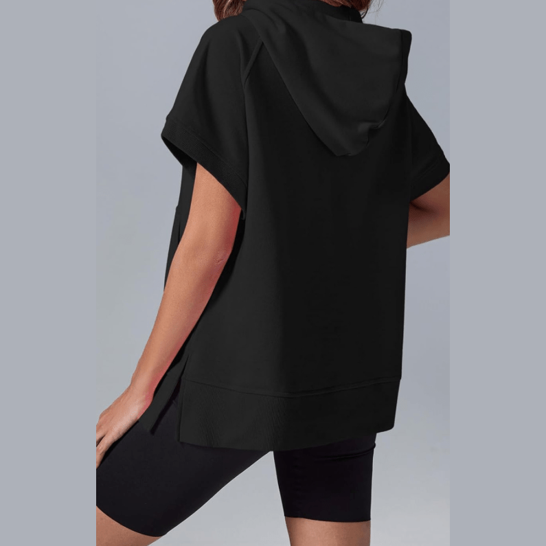Minita Black Half Zipper Kangaroo Pocket Short Sleeve Hoodie