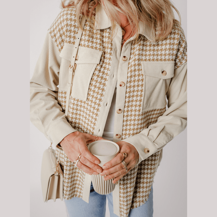 REDUCED!!! Carlotta Parchment Houndstooth Corduroy Patchwork Flap Pocket Shacket REDUCED!!!