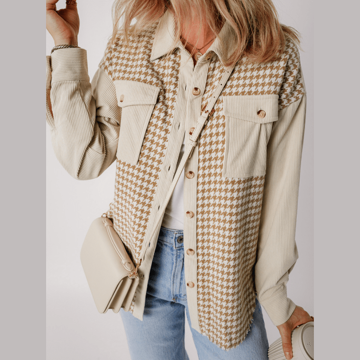 REDUCED!!! Carlotta Parchment Houndstooth Corduroy Patchwork Flap Pocket Shacket REDUCED!!!
