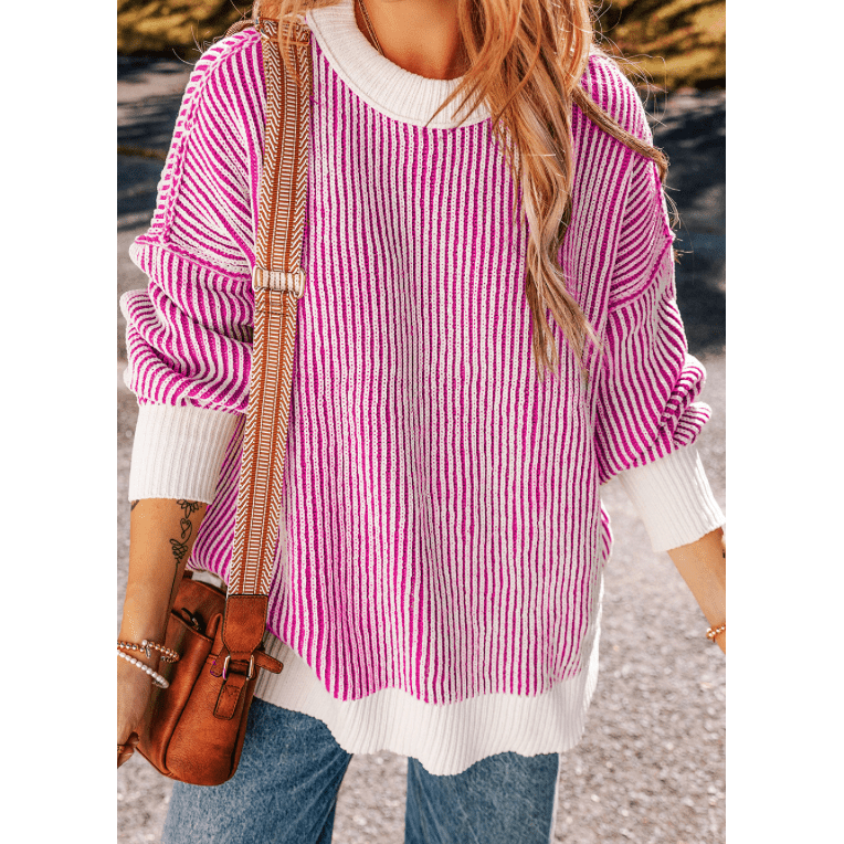Kasondra Pink Striped Textured Knit Contrast Edge Loose Sweater