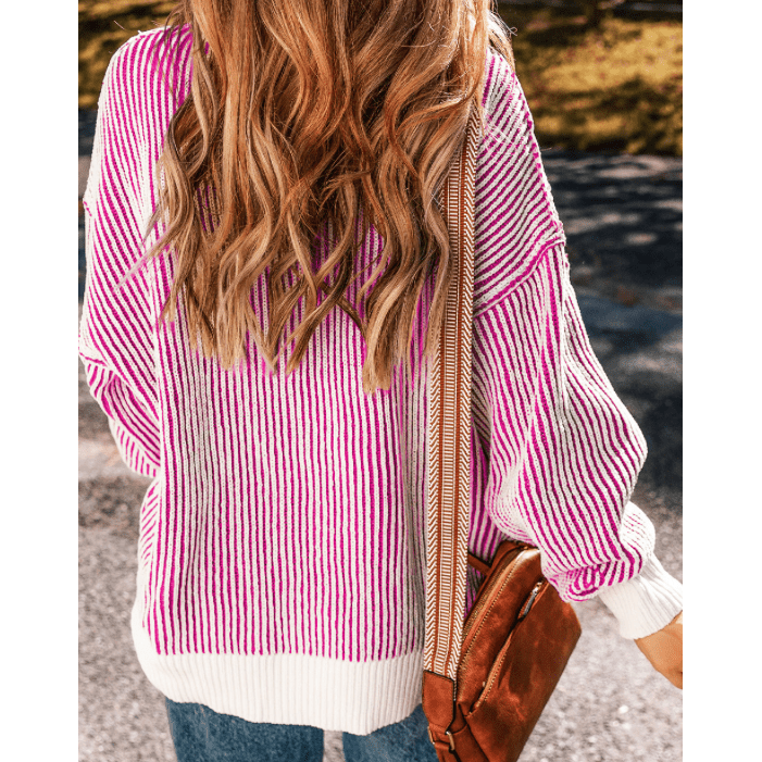 Kasondra Pink Striped Textured Knit Contrast Edge Loose Sweater