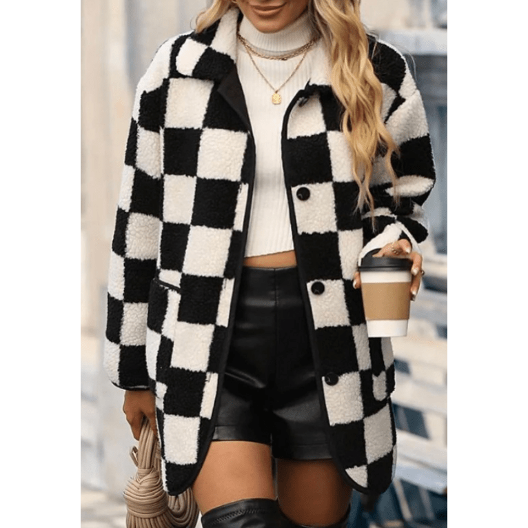 REDUCED!!!  Ava Rose Black Checkered Side Pockets Collared Buttoned Fleece Jacket REDUCED!!!