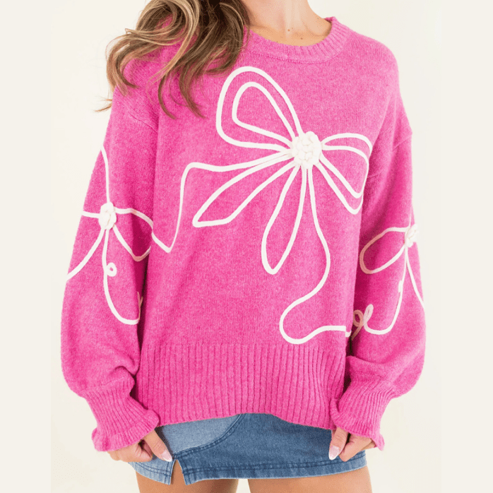 RTS Abigail Bright Pink Corded Flower Bow Ribbed Trim Casual Sweater