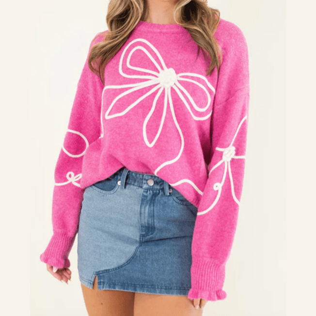 RTS Abigail Bright Pink Corded Flower Bow Ribbed Trim Casual Sweater