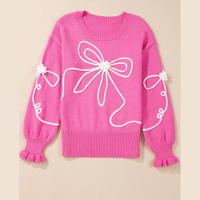 RTS Abigail Bright Pink Corded Flower Bow Ribbed Trim Casual Sweater