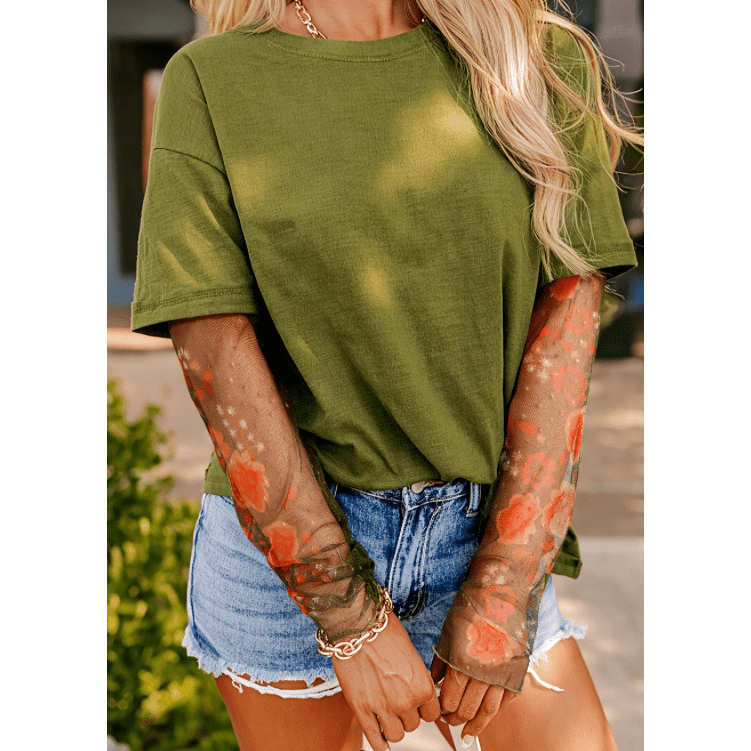 REDUCED!!! Marloe Green Faux Two Piece Floral Long Sleeve Patchwork Tee REDUCED!!!