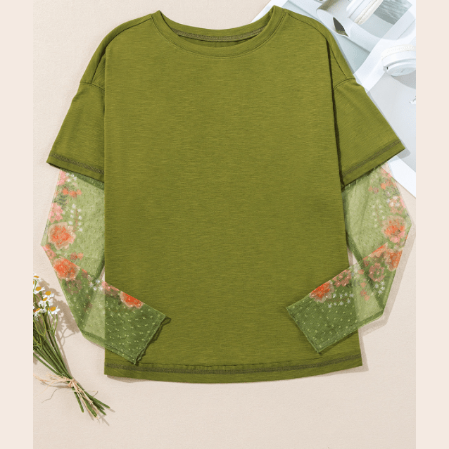 REDUCED!!! Marloe Green Faux Two Piece Floral Long Sleeve Patchwork Tee REDUCED!!!