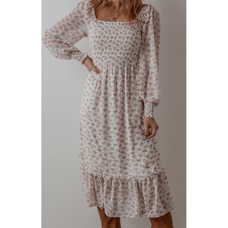 Ida Floral Print Shirred Ruffled Hem Square Neck Midi Dress