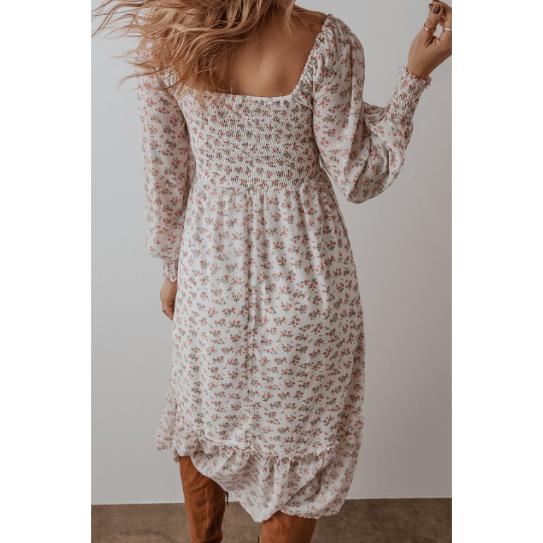 Ida Floral Print Shirred Ruffled Hem Square Neck Midi Dress