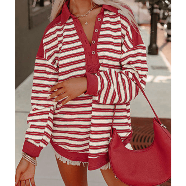 REDUCED!!! Colina Red Stripe Buttoned V Neck Collared Drop Shoulder Top REDUCED!!!
