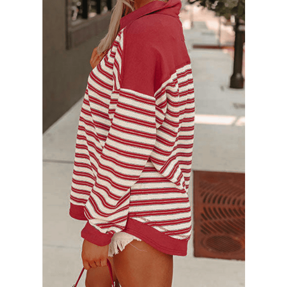 REDUCED!!! Colina Red Stripe Buttoned V Neck Collared Drop Shoulder Top REDUCED!!!