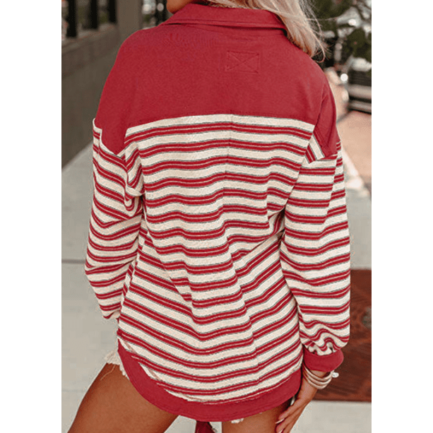 REDUCED!!! Colina Red Stripe Buttoned V Neck Collared Drop Shoulder Top REDUCED!!!