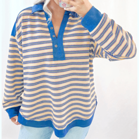 REDUCED!!! Colina Blue Stripe Buttoned V Neck Collared Drop Shoulder Top REDUCED!!!