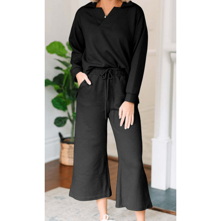 Pennie Black Textured Collared V Neck Top and Wide Leg Pants Set